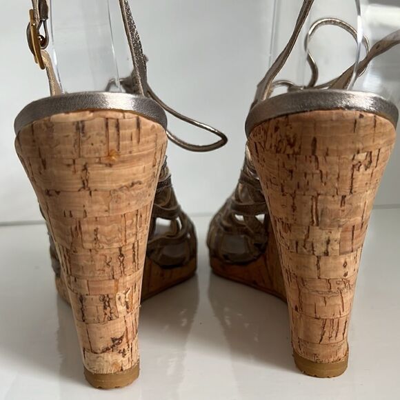 Stuart Weitzman Metallic Leather Wedge Cork Heel Lace Up Sandals Size 38 - Picture 8 of 15